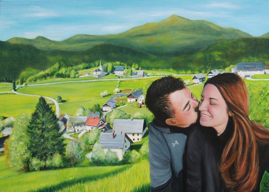 Portret mladega para in rojstne vasi Sorica - poročno darilo