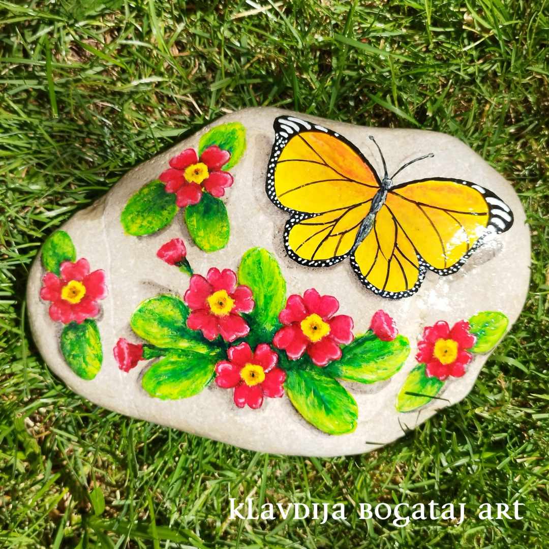Metulj in trobentice,  poslikava kamnov